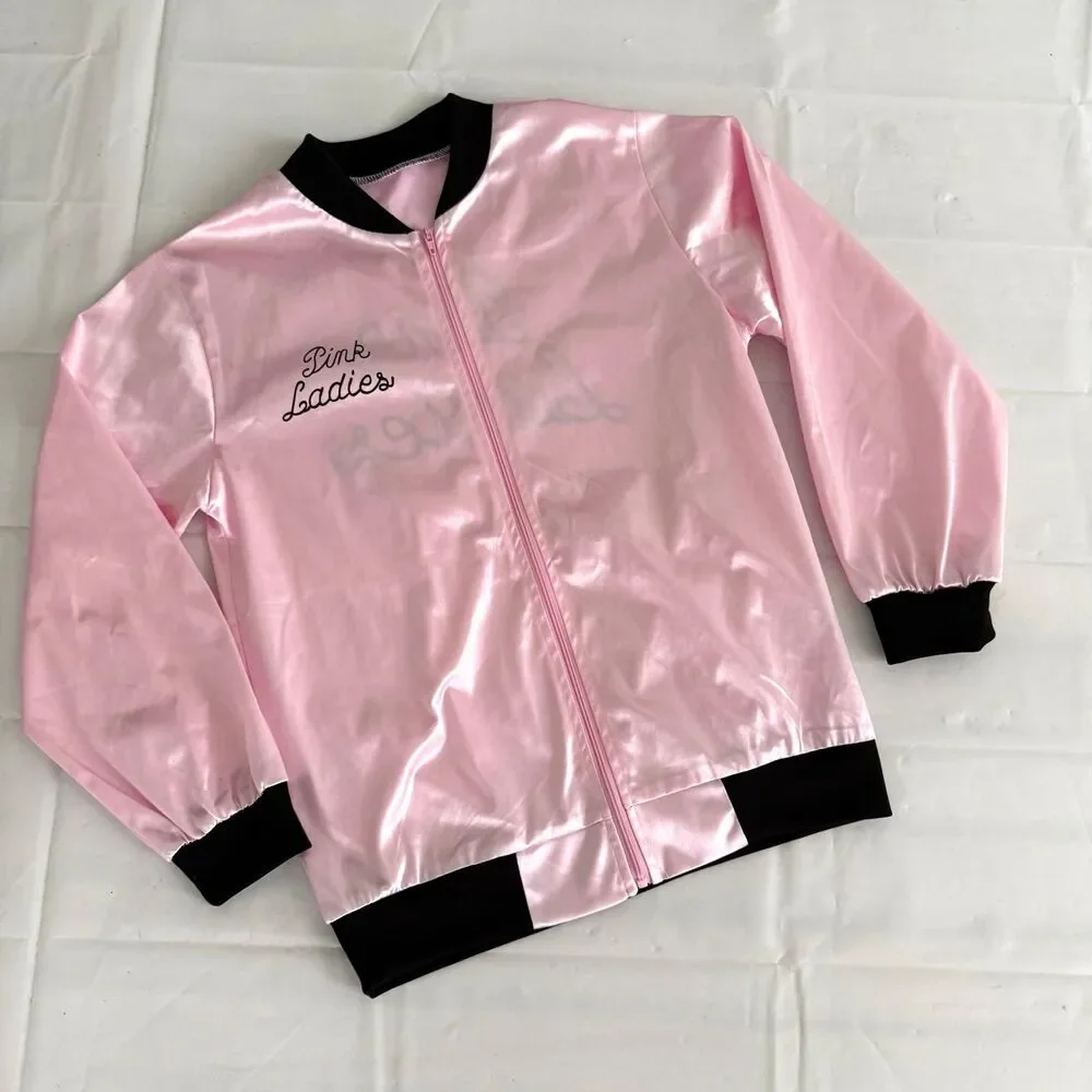 Grease Pink Ladies Jacket Kids Girl's M 10/12 Pink Satin Bomber Movie Costume